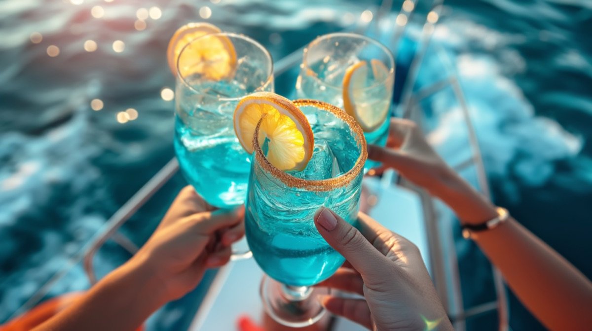 Cocktails raised over the water in Cuba